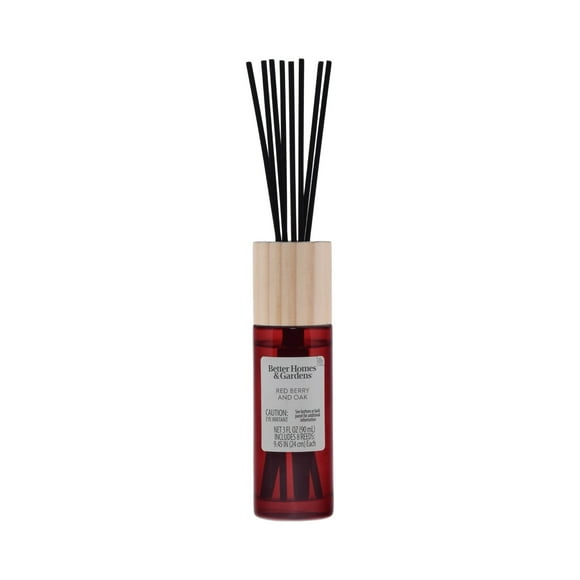 Better Homes and Gardens Red Berry and Oak Scented Reed Diffuser 3 Fl Oz (90mL) With 8 Synthetic Reeds.
