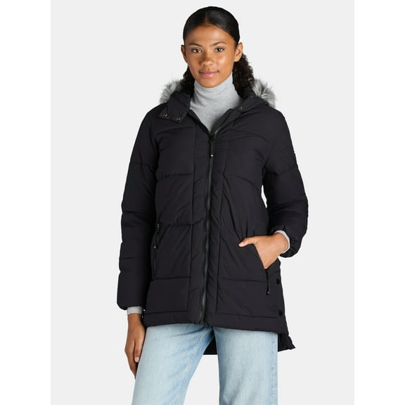 Big Chill Women's and Women's Plus Wide Quilted Puffer Coat with Faux Fur Trim Hood, Sizes S-3X