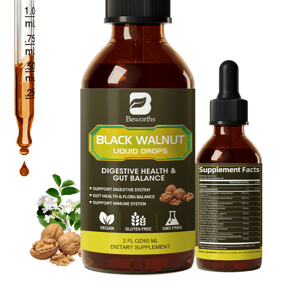 Black Walnut Liquid Drops, 10-In-1 with Wormwood, Pumpkin Seed, Garlic, Oregano, Berberine, Soursop, for Immune, Gut & Digestive Health Support, 2 fl oz