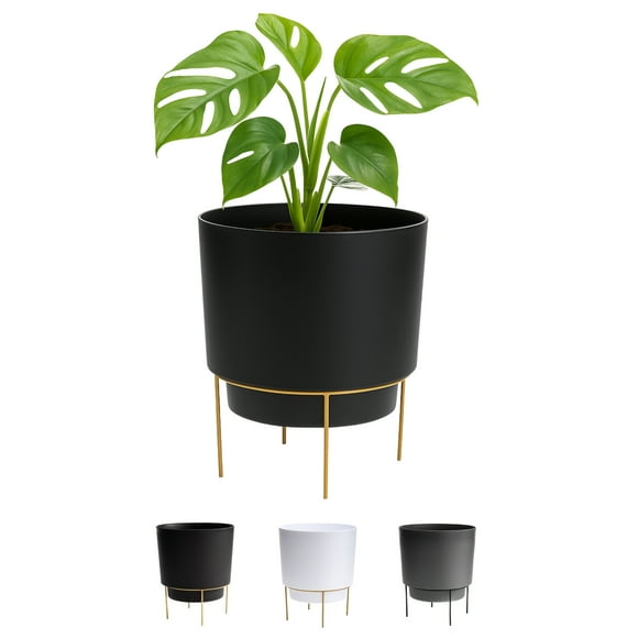 Bloem Hopson Decorative Resin Cachepot with Metal Stand, 6" Indoor and Outdoor Planter with Gold Metal Stand, Black