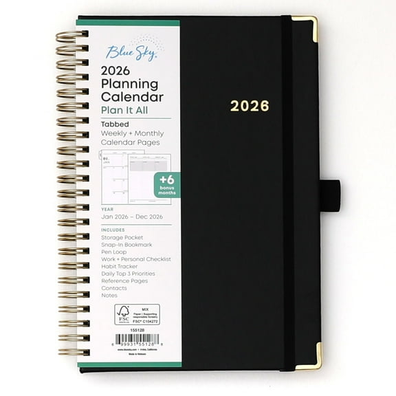 Blue Sky 2026 Weekly and Monthly Planner Calendar, January 2026 - December 2026, 5" x 8", Faux Leather Cover, Wirebound, Storage Pocket, Laminated Tabs, Includes Pen Loop, Bungee, Ruler, Black