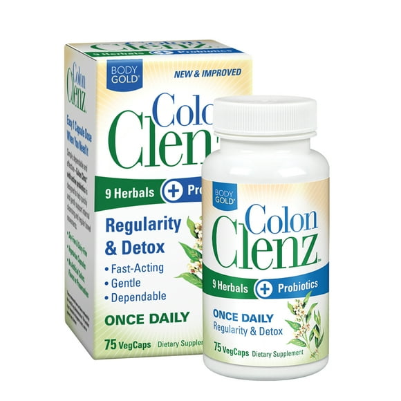 BodyGold Colon Clenz Regularity & Detox Formula | Once Daily Support with 9 Herbs + Active Probiotics | 75 CT