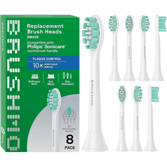Brushmo Plaque Control Standard Replacement Toothbrush Heads, Compatible with Philips Sonicare Click-On Handles, Soft DuPont Bristles, BM928, 8 Pack, White