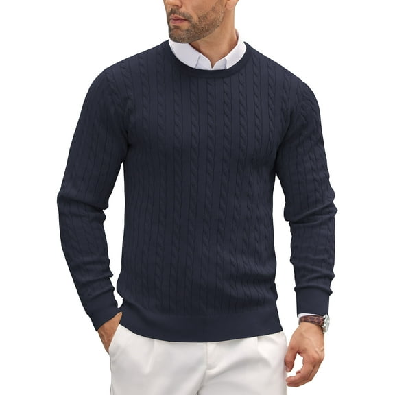 Coshow Men's Crew Neck Sweater Slim Fit Pullover Lightweight Cable Knit Sweater