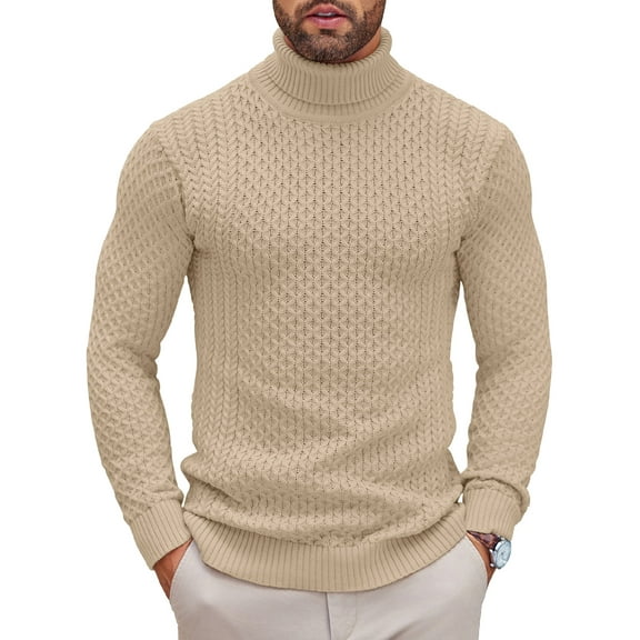 Coshow Men's Turtleneck Sweater Slim Fit Casual Knitted Sweater Solid Twisted Pullover