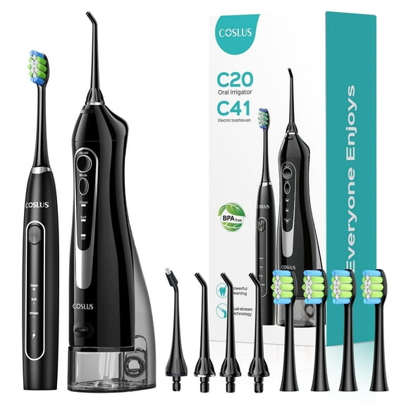 COSLUS Water Dental  Flosser Electric Toothbrush Combo,2-in-1 Oral Clean Kit for Teeth,Braces,Gums Care,Brushing Flossing for Family,Travel Use,Black