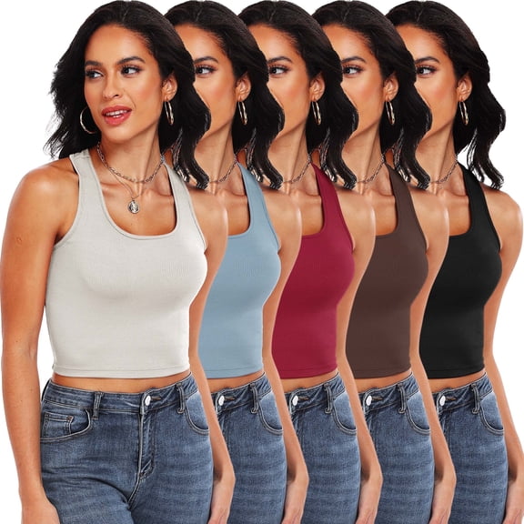 Cadmus 5 Pack Crop Tank Top for Women Ribbed Dry Fit Gym Shirts Racerback Yoga Tank Top Undershirts, Beige - Brown / Light Blue / Bright Red / Coffee Color / Black,#02,XX-Large