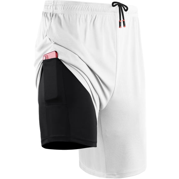 Cadmus Mens 2-in-1 Dry Fit Running Shorts with Liner, 9" Inseam Gym Basketball Shorts, Deep Pockets,#50, White,XL