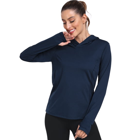 Cadmus Women's Workout Long Sleeve shirts Sun Protection Dry Fit Athletic Running Tops Hooded with Thumb Hole,Navy,XX-Large