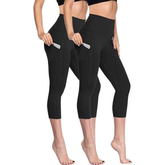 Cadmus Womens 2 Pack High Waist Tummy Control Capri Yoga Leggings with Pockets, Black & Black, XL