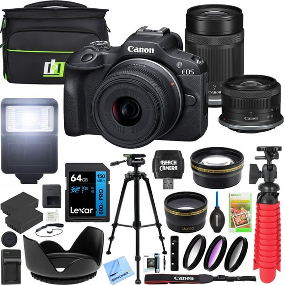 Canon EOS R100 Mirrorless Camera Body with 2 Lens Kit RF-S 18-45mm IS STM and 55-210mm IS STM 6052C022 Bundle with Deco Gear Bag + 2 Battery +Tripod + Filters + Wide Angle & Telephoto Lenses & More