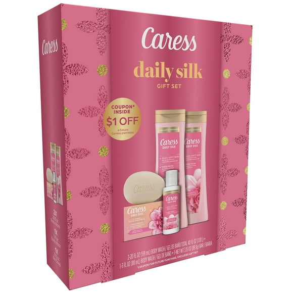 Caress Daily Silk Bodywash and Bar Soap Skincare Gift Set, 4 Piece