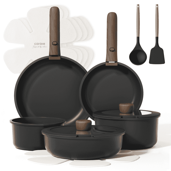 Carote 15 Pcs Nonstick Cookware Sets, Granite Non Stick Pots and Pans with Removable Handles, Oven Safe, Induction Compatible, Black