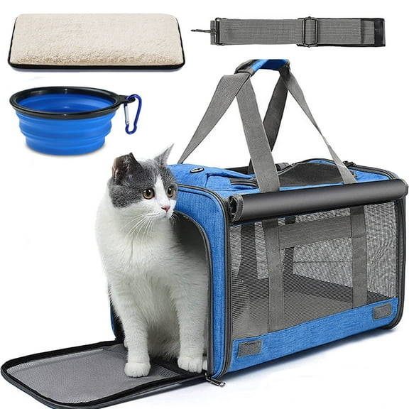 Cat Carrier, Large Cat Carrier for Medium Cats, Foldable Soft-Sided Cat Carriers under 25lbs with a Bowl, Mat, Travel Car Cat Carries for Outdoors, TSA Airline Approved,Blue