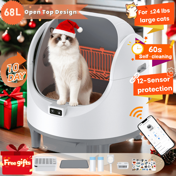 Automatic Cat Litter Box, 68L Open-Top Litter Box for Multi Cats, APP Control, Weight Monitoring, Safety Sensor, with 8L Waste Bin, Includes Trash Bag