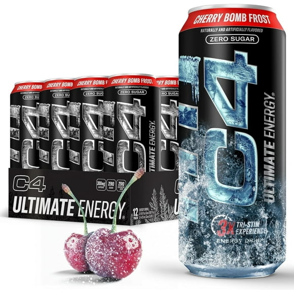 C4 Ultimate Energy Drink, Cherry Bomb Frost Flavor, Zero Sugar, Carbonated, 16oz can (12 Pack)