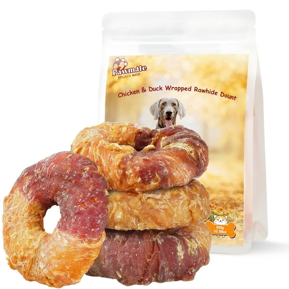 Pawmate Chicken & Duck Wrapped Rawhide Donut, Long Lasting Chews for Medium Large Dogs, 4 Count