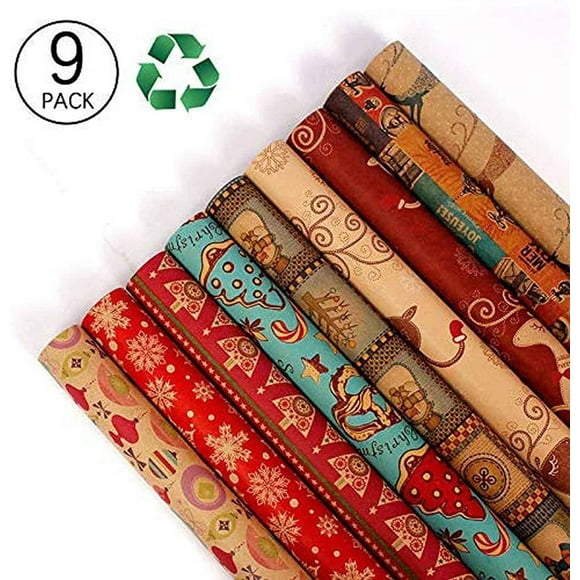 Christmas Wrapping Paper, Holiday Wrapping Paper, 9 Pack Brown Kraft Paper, Snow, Christmas Tree, Snowman, Lantern and Color Elk (9-Sheets, 30" x 20")