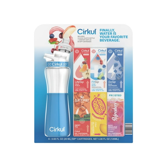 Cirkul 22 fl oz Plastic Bottle and Blue Chill Sleeve Value Pack with 6 Flavor Cartridges