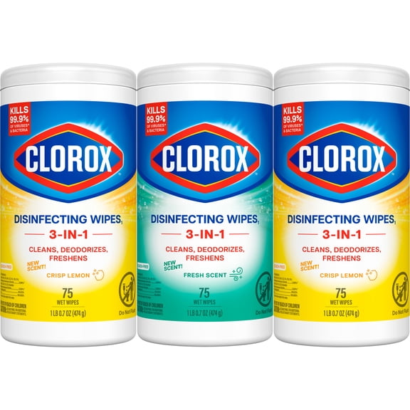 Clorox Disinfecting and Cleaning Wipes, Crisp Lemon and Fresh Scent, 75 Count Each, 3 Pack