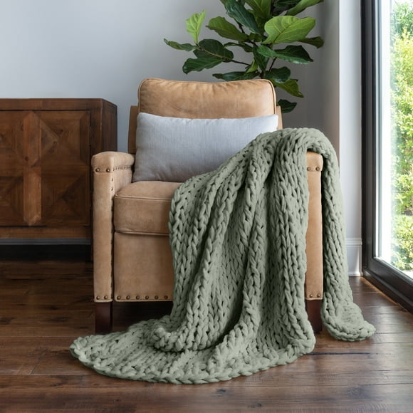 Comfort Canopy - Throw Blanket, Eucalyptus Green Chunky Soft Acrylic Hand-Knit Blanket