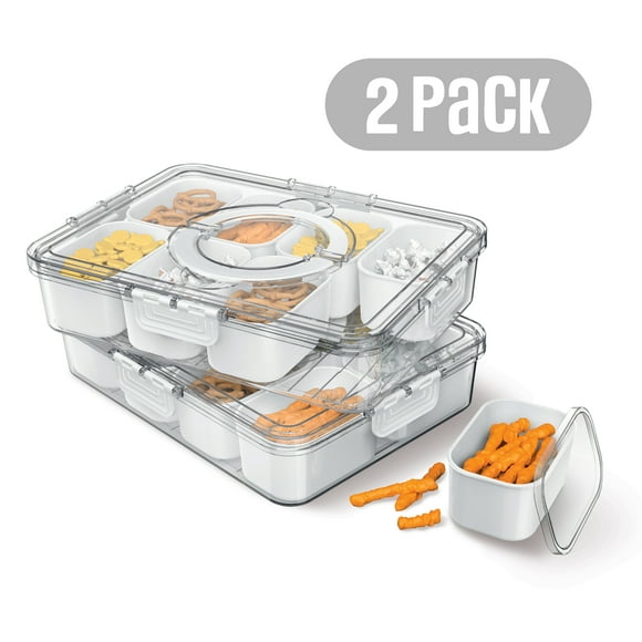 Cook With Color 2-Pack 8-Compartment Snackle Box, Charcuterie and Snack Container, Divided Serving Tray with Lids and Handle, Dishwasher Safe, White