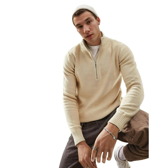 Coshow Men's Quarter Zip Up Pullover Slim Fit Mock Neck Long Sleeve Sweaters Casual Polo Sweatshirt