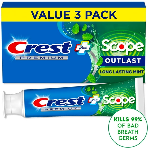 Crest Premium Plus Scope Outlast Fluoride Toothpaste, Long Lasting Mint Flavor 5.2oz, 3 Pack