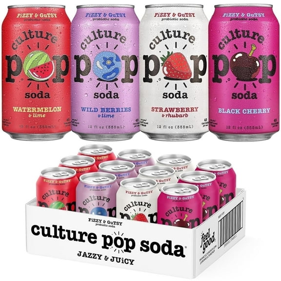 Culture Pop Soda Sparkling Probiotic Drink, Jazzy & Juicy Variety, 12 Pack, 12 Fl Oz Cans