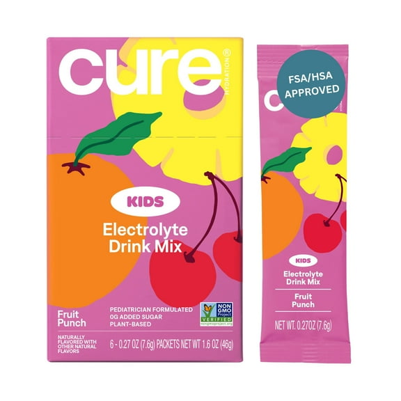 Cure Hydration - Kids Electrolyte Drink Mix | Plant-Based Pediatrician Formulated Rehydration | No Added Sugar, Gluten-Free, No Artificial Flavors, | Box of 6 Packets - Fruit Punch