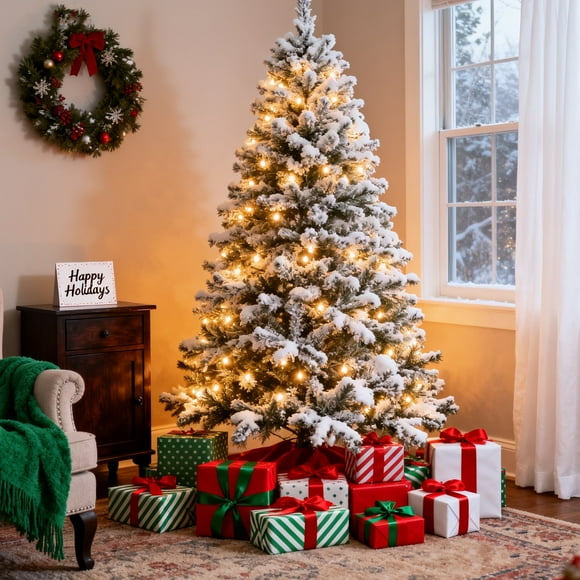 DAYBETTER 7.5ft Artificial Christmas Tree, Snow Flocked Christmas Pine Tree, with 450 Warm White Lights, 1200 White Tips Branch, Metal Stand for Xmas Holiday, Indoor and Outdoor Decor