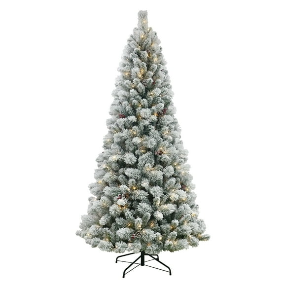 7.5 ft Pre-Lit Flocked Lakewood Spruce Artificial Christmas Tree, Green, 300 LED, by Holiday Time