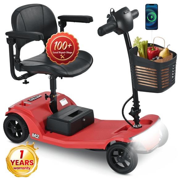 ENYOPRO 4 Wheel Electric Scooter for Adults, Foldable All-Terrain Mobility Scooter for Seniors with Bright Headlights, USB Port, Basket and Long-Range Battery, Red