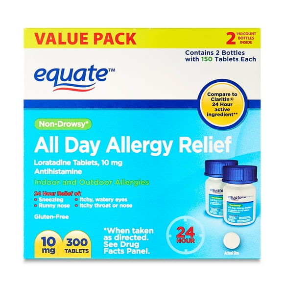 Equate Non-Drowsy All Day Allergy Relief Loratadine 10 mg Tablets Antihistamine, 300 Count, Compare to Claritin 24 Hour Active Ingredient