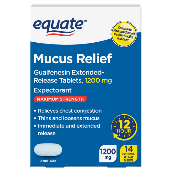 Equate Maximum Strength Chest Congestion and Mucus Relief, Guaifenesin Extended-Release Tablets, 1200 mg, 14 Count