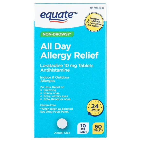 Equate Non-Drowsy All Day Allergy Relief Loratadine 10 mg Tablets Antihistamine, 60 Count, Compare to Claritin 24 Hour Active Ingredient