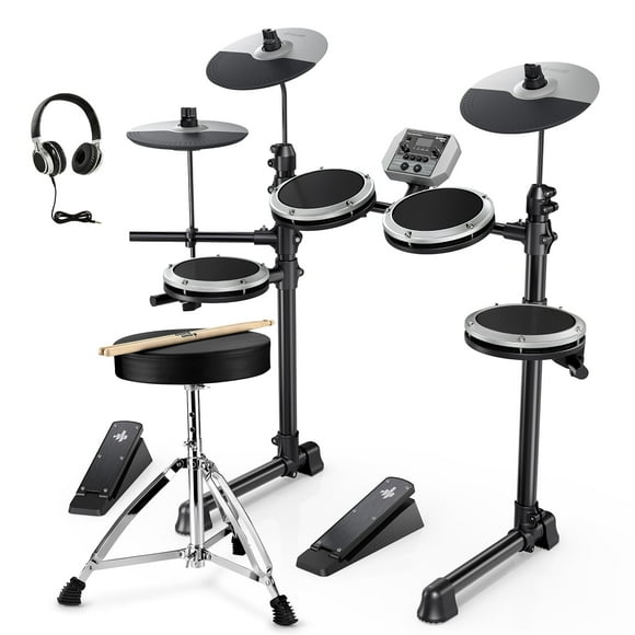 Donner Electric Drum Set for Beginner with 180+ Sounds, Quiet Mesh Kid Child Students Electronic Drum Kit with Heavy Duty Pedals, On-Ear Headphones, DED-80 Gray