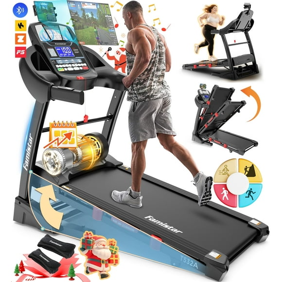 Famistar 5.1HP Folding Treadmill for Home with 15% Auto Incline, 300-400 LB Capacity, Portable Foldable Treadmill, FREE APP Control, Adjustable iPad Holder, 10MPH Speed, 71 Programs, Knee Straps Gift