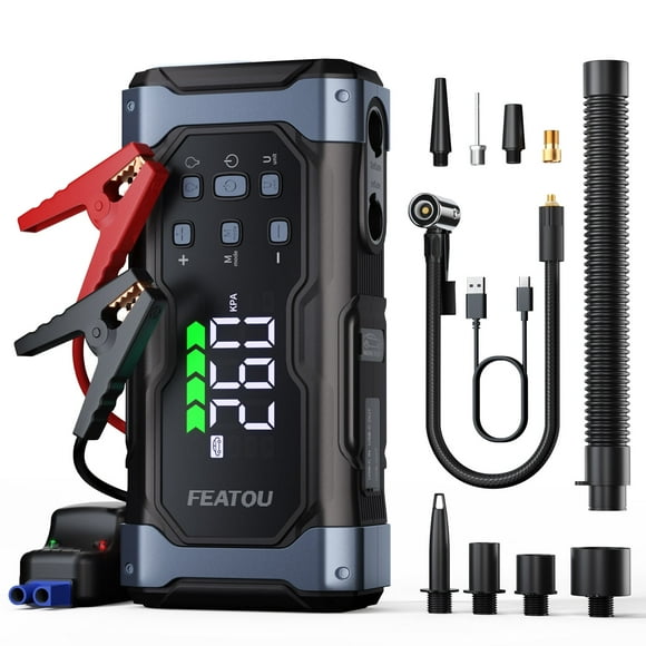 Featou High-Power 9000A Jump Starter with Air Compressor/Tire Inflator, 12V Jumper Box for Car(All Gas/14L Diesel), 9 in 1 Portable Jump Starter Power Pack (74Wh, Smart Clamp, LCD)