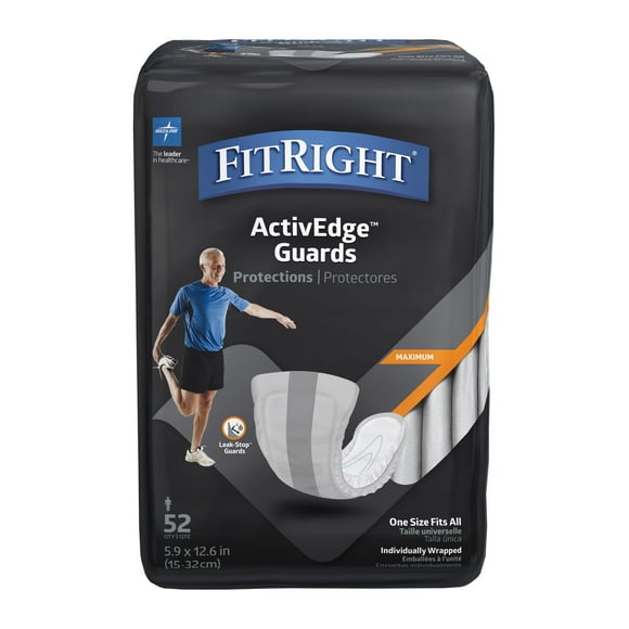 FitRight ActivEdge Male Incontinence Guards, Maximum Absorbency, 5.9 x 12.6 Inches, Bag of 52