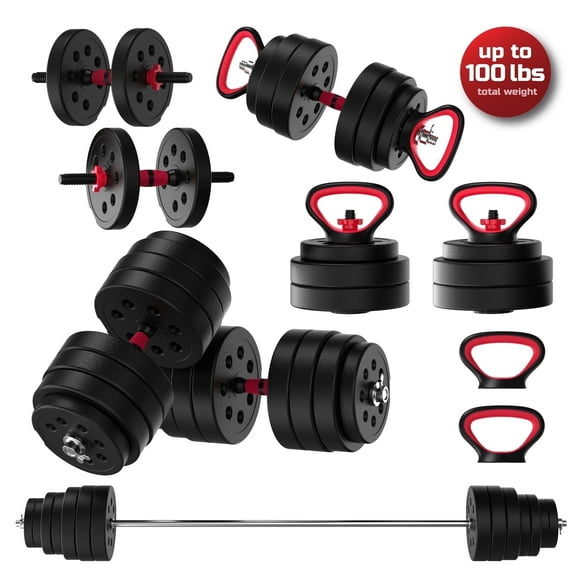 FitRx SmartBell Gym, 100lbs. Adjustable Dumbbells, Kettlebells and Barbell Weight Set, Metal Barbell