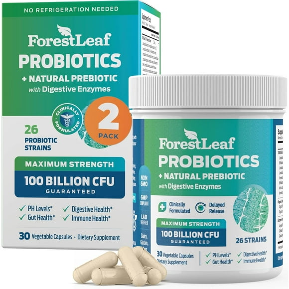 Forest Leaf Probiotics 100 Billion CFU Natural Prebiotic with Digestive Enzymes for Men and Women, 30 Capsules