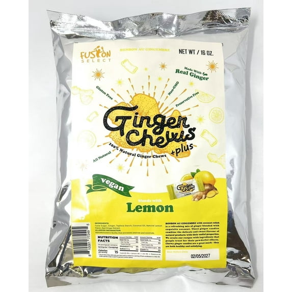 Fusion Select 1Lb Lemon Ginger Chews - Sweet Soft Candied Delights From Indonesia - Promotes Relief From Morning Sickness, Upset Stomach - Made from Real Ginger Root, Non-GMO, Vegan Candy