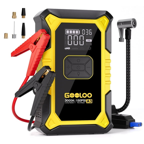 GOOLOO A3 Car Jump Starter with Air Compressor, 3000A 150PSI Portable Car Battery Jump Starter(9.0L Gas/6.5L Diesel) with Digital Tire Inflator, 12V Jump Box Car Booster with LED Light Power Bank