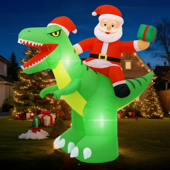 8FT Christmas Inflatable Dinosaur with Santa Claus, Built-in LED Lights, Blow Up Holiday Yard Lawn Outdoor Decorations