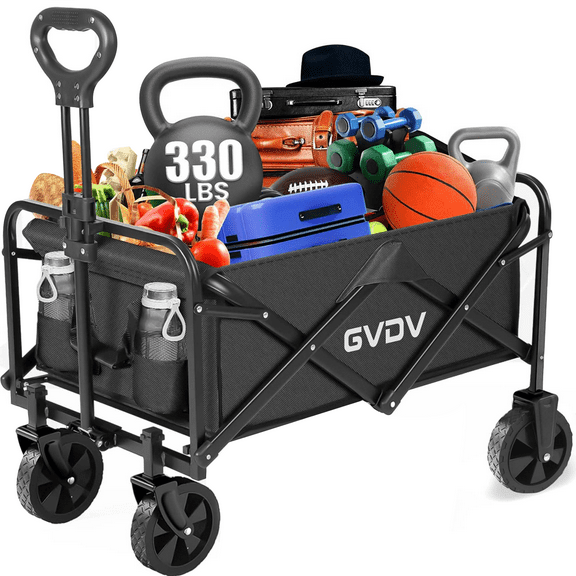 GVDV Collapsible Wagon Cart, Portable Utility Wagon for Camping, Beach, Picnic, Shopping, Sports, and Grocery Transport, Black