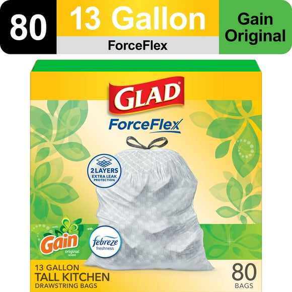 Glad ForceFlex Tall Kitchen Drawstring Trash Bags, 13 Gallon, Gain Original with Febreze Freshness, 80 Count