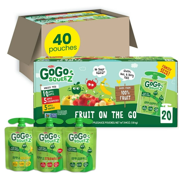 GoGo squeeZ Applesauce and Fruit Puree, Apple Apple Snack Pouches, 3.2 oz, 40 Pack