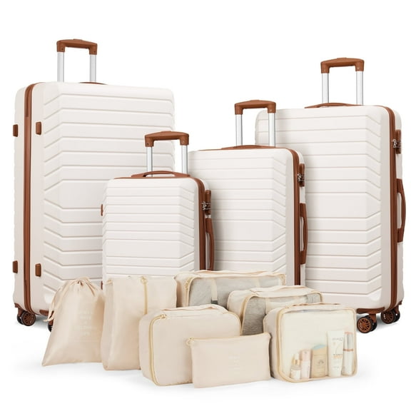 Gowill 4 Piece Luggage Sets with 7 Pieces Organizer Bags, 20/24/28/32 inch ABS Carry-on and Checked Suitcase Large Travel Sets, White Tan