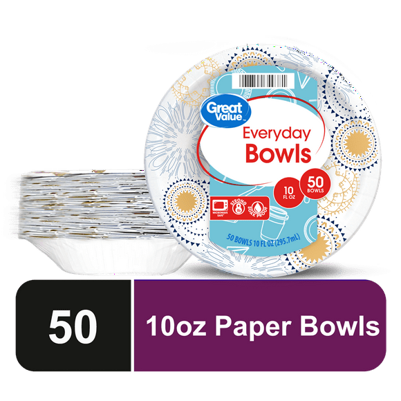 Great Value Everyday Disposable Patterned Paper Bowls, 10 oz, 50 Count